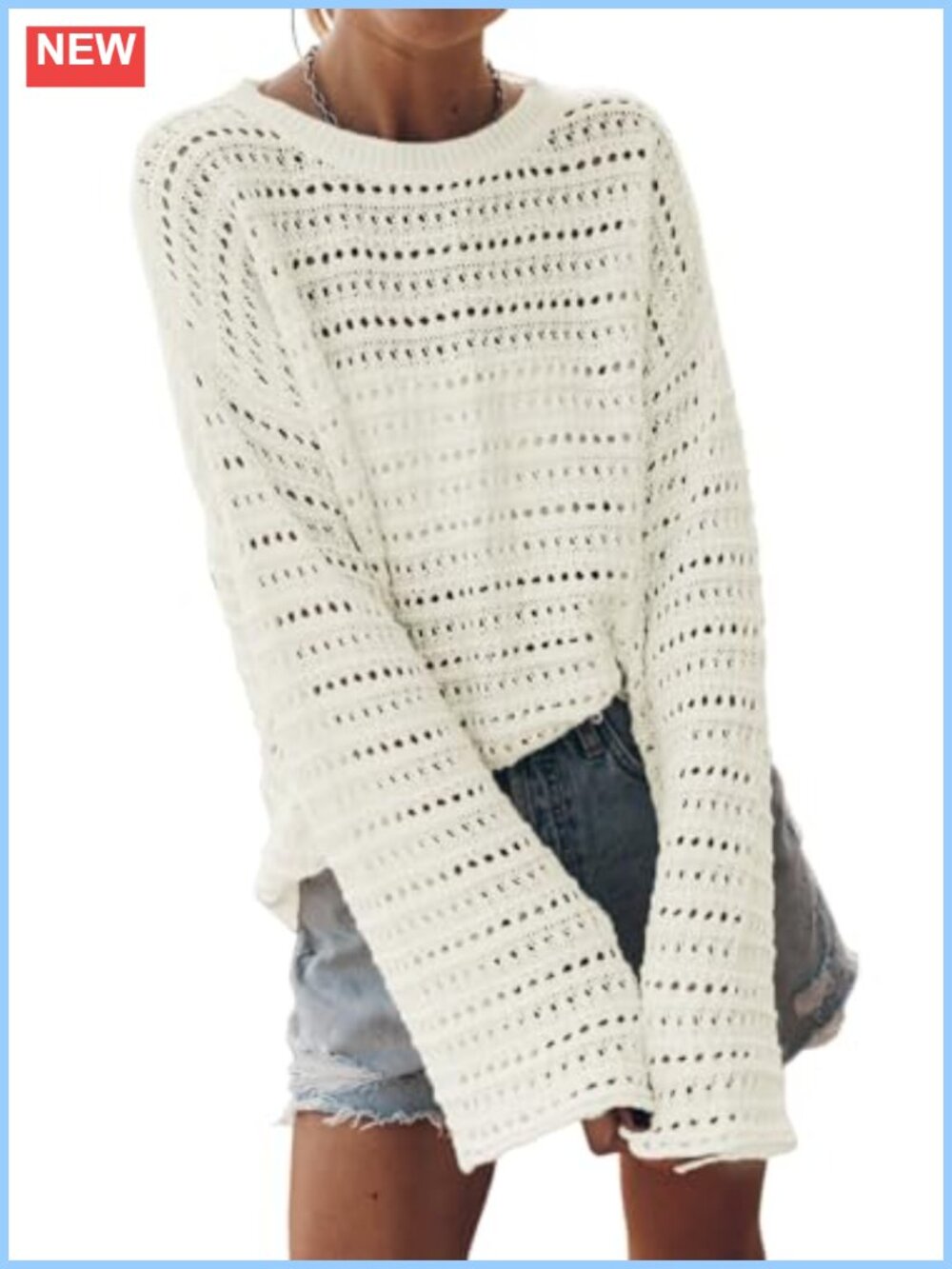 Sidefeel Women's Crochet Long Sleeve Knit Sweater Crew Neck Pullover